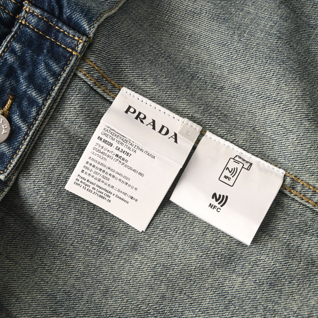 Prada Blue Denim Leather Panel Trucker Jacket
