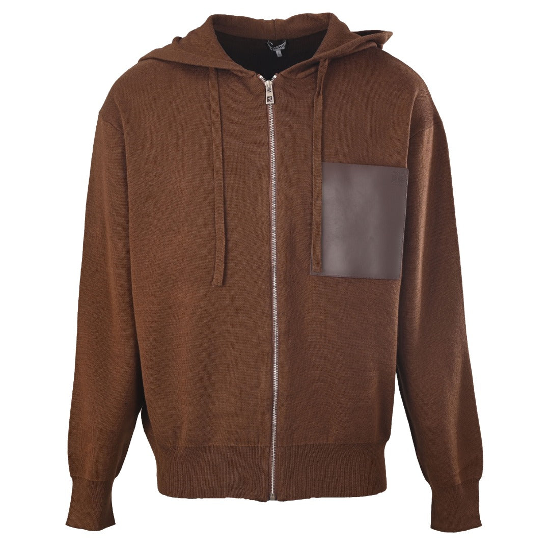 Loewe Brown Leather Patch Full Zip Knit Hoodie