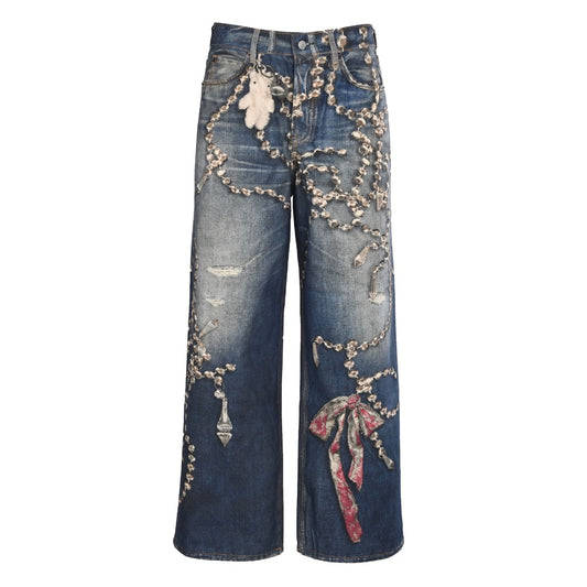 Acne Studios Blue Bear Chain Print Wide Leg Jeans