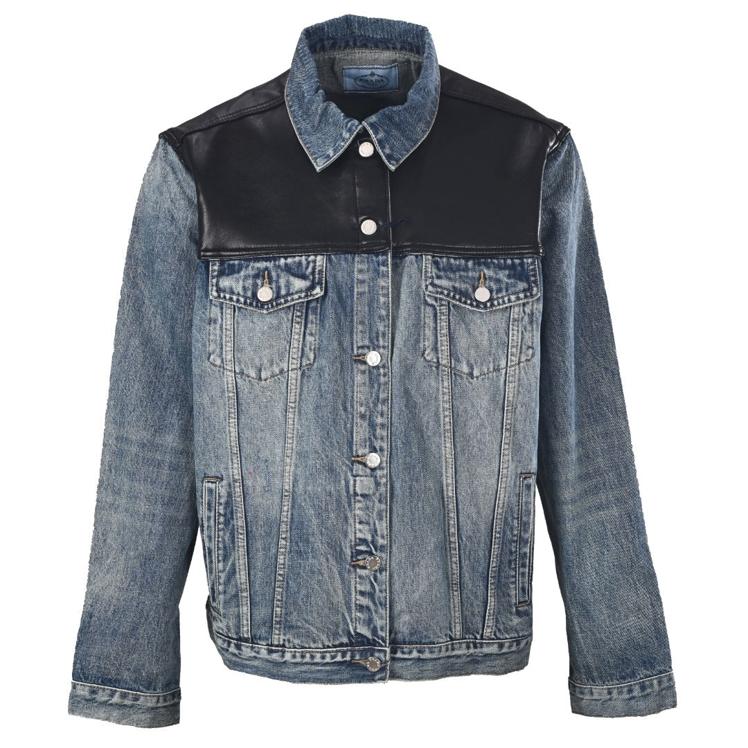 Prada Blue Denim Leather Panel Trucker Jacket