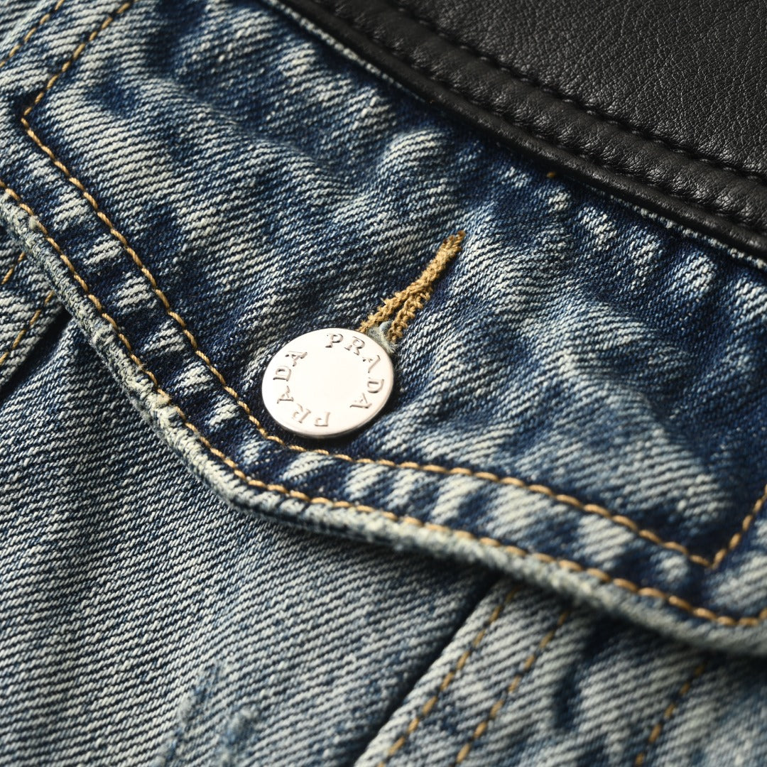Prada Blue Denim Leather Panel Trucker Jacket