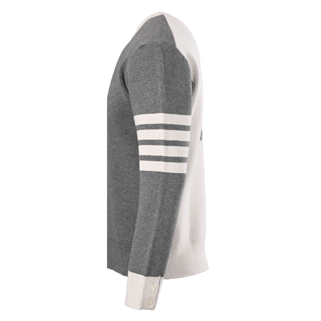 Thom Browne Grey White Patchwork 4-Bar Crew Neck Sweater