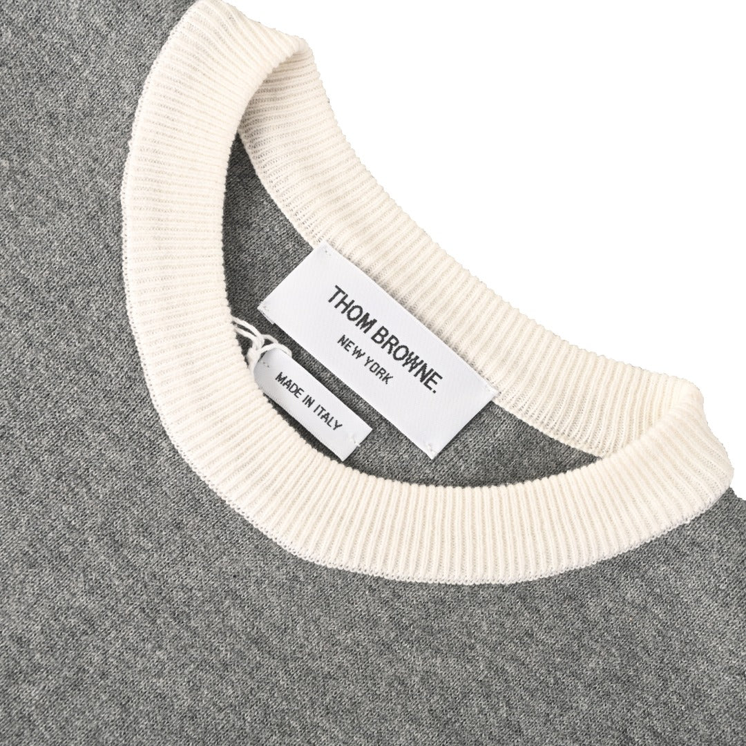 Thom Browne Grey White Patchwork 4-Bar Crew Neck Sweater
