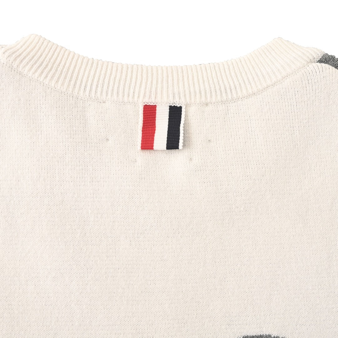 Thom Browne Grey White Patchwork 4-Bar Crew Neck Sweater