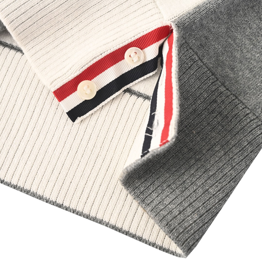 Thom Browne Grey White Patchwork 4-Bar Crew Neck Sweater