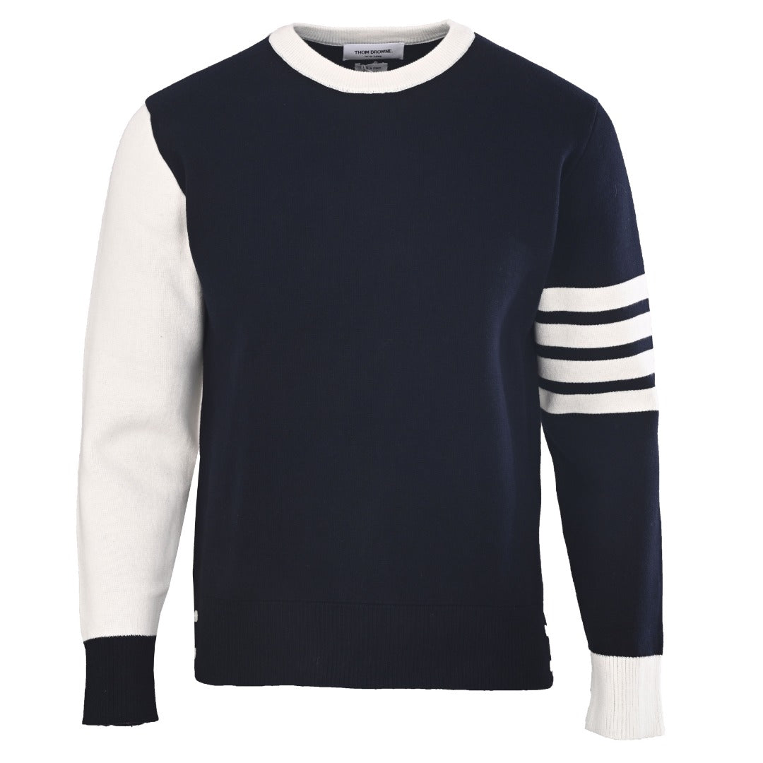 Thom Browne Navy White Patchwork 4-Bar Crew Neck Sweater