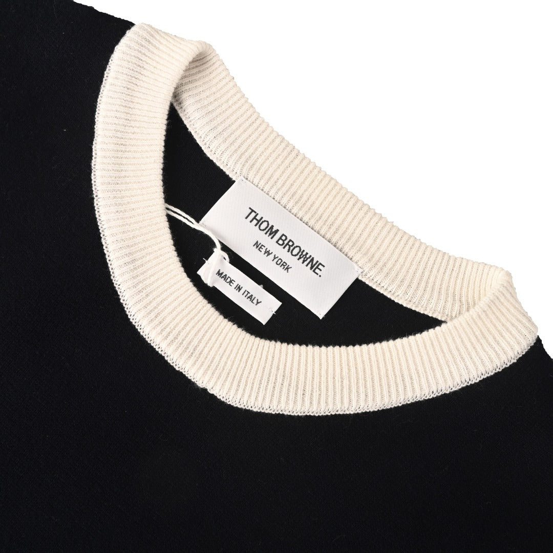 Thom Browne Navy White Patchwork 4-Bar Crew Neck Sweater