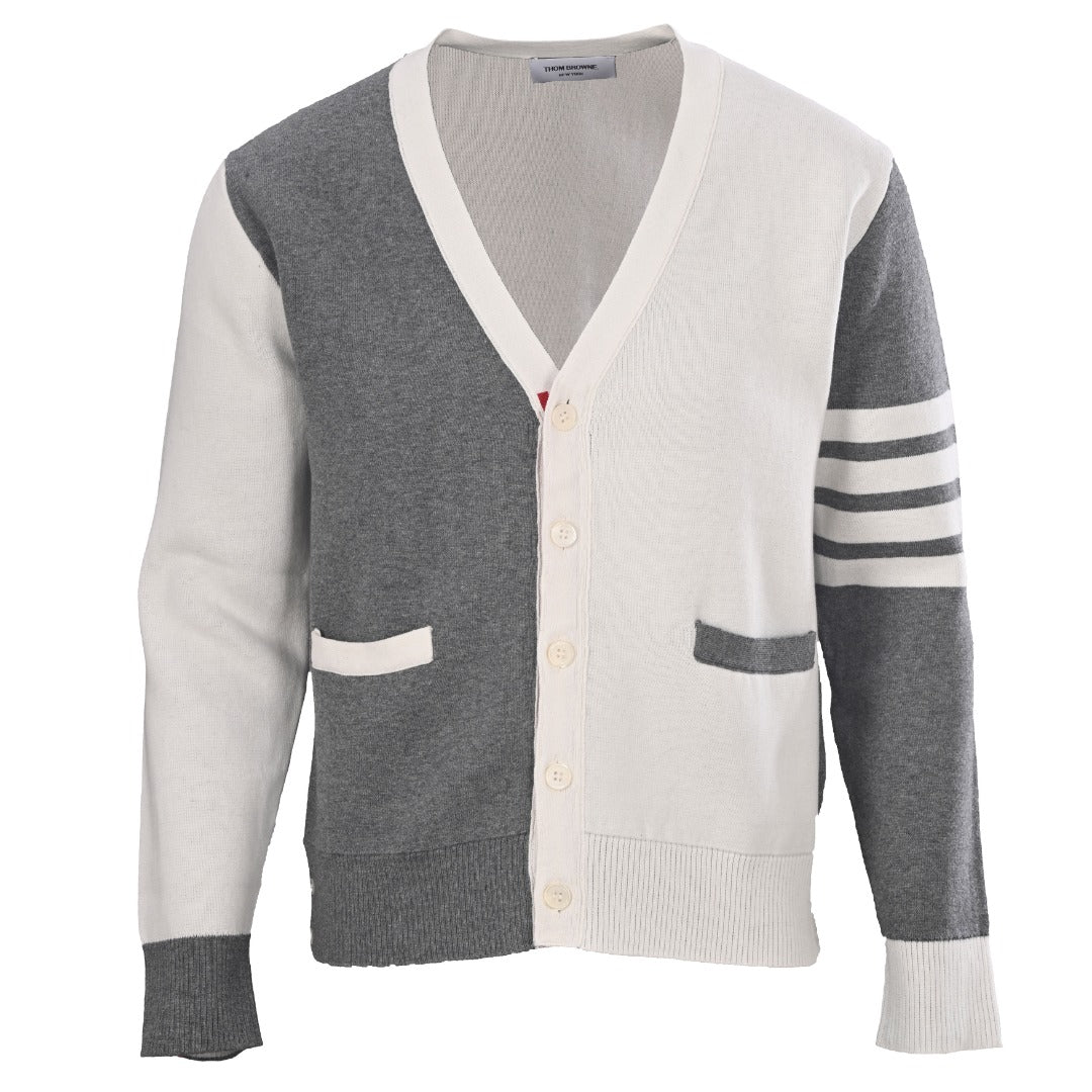 Thom Browne Grey White Patchwork 4-Bar V-Neck Cardigan