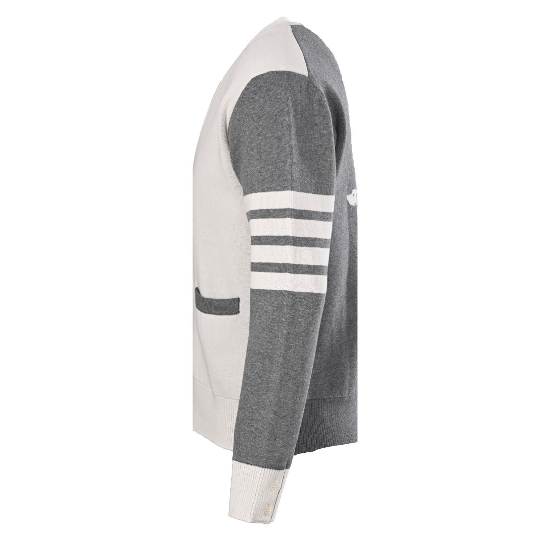 Thom Browne Grey White Patchwork 4-Bar V-Neck Cardigan