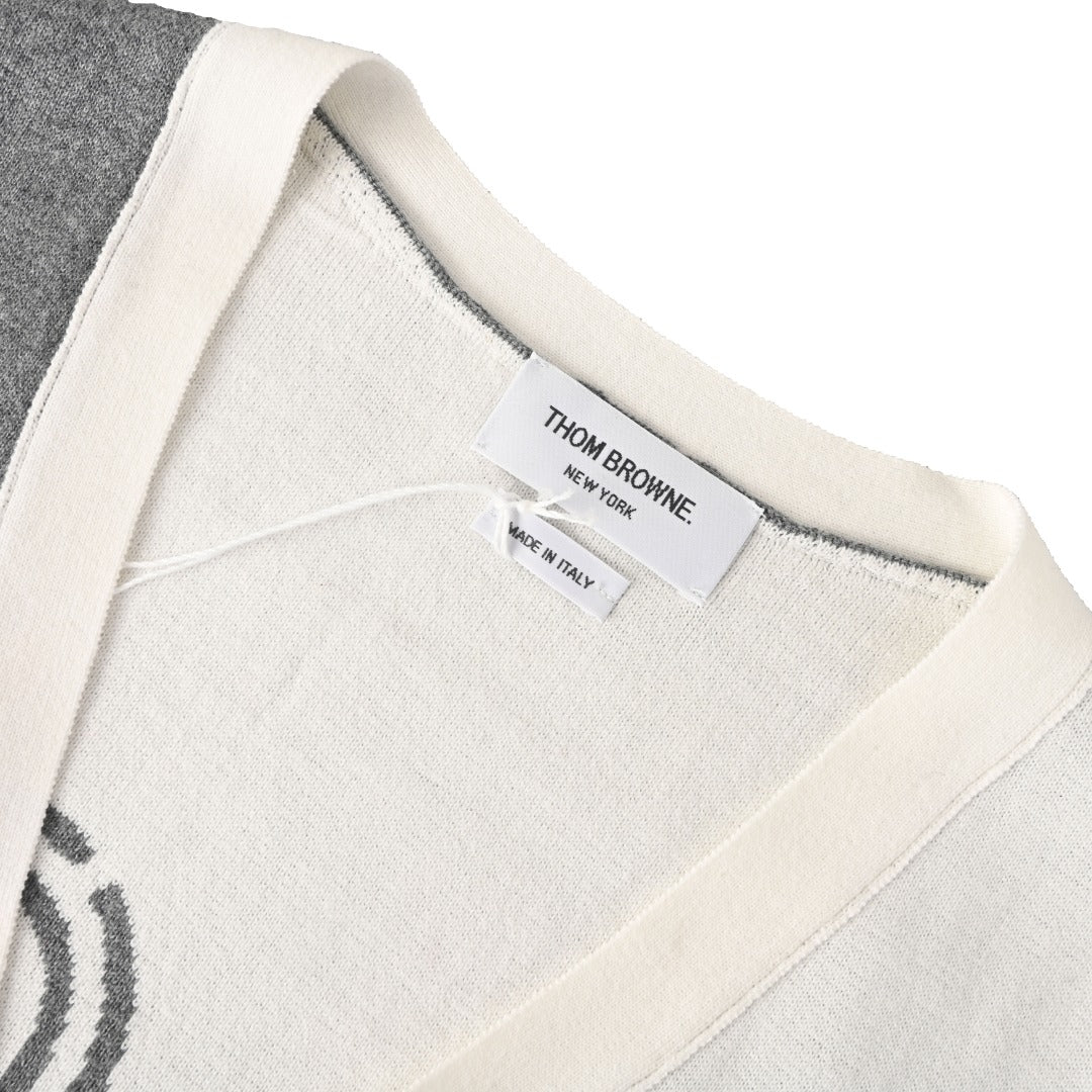 Thom Browne Grey White Patchwork 4-Bar V-Neck Cardigan
