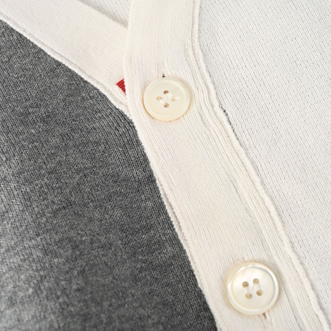 Thom Browne Grey White Patchwork 4-Bar V-Neck Cardigan