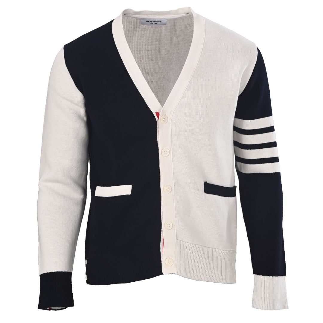 Thom Browne Navy White Patchwork 4-Bar V-Neck Cardigan