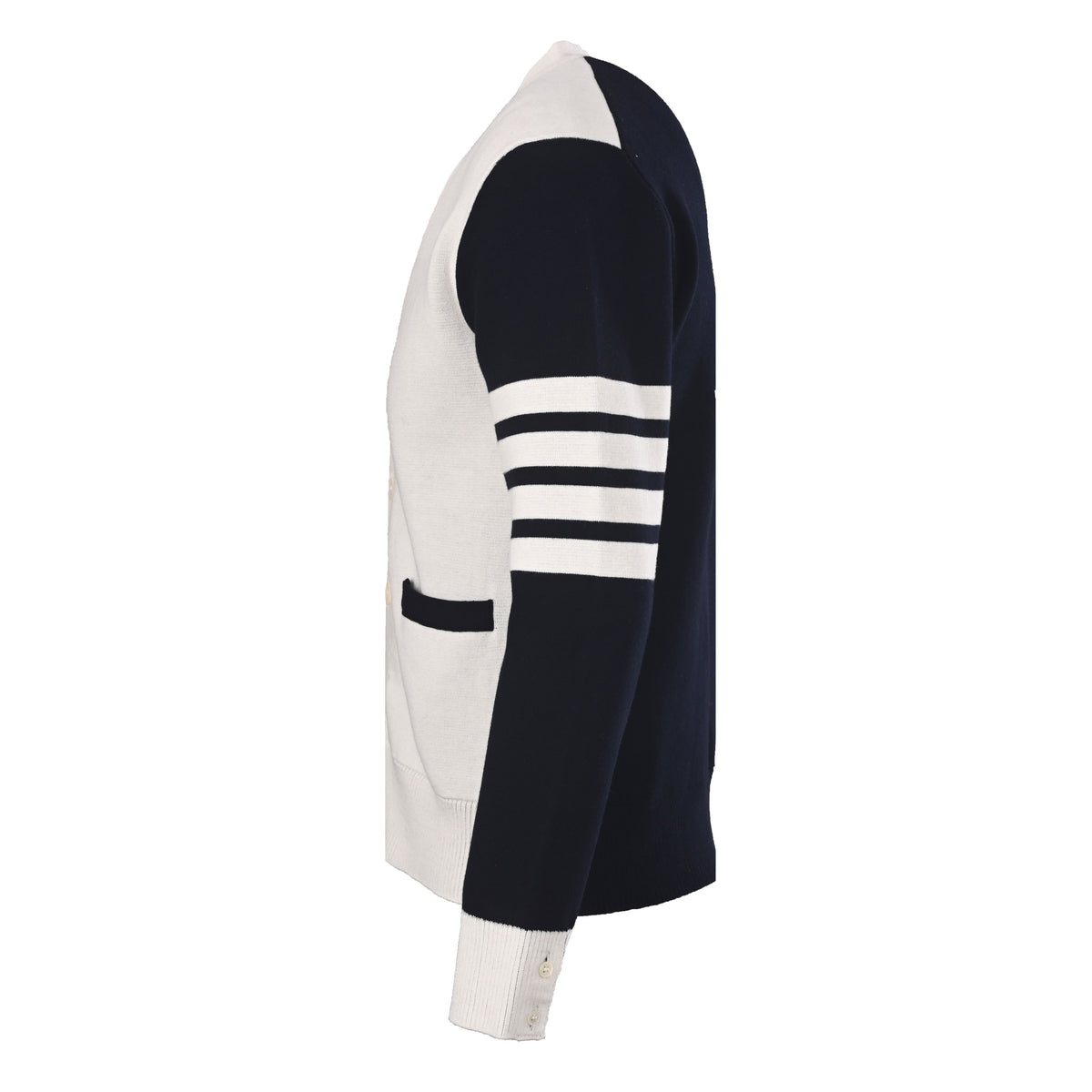 Thom Browne Navy White Patchwork 4-Bar V-Neck Cardigan