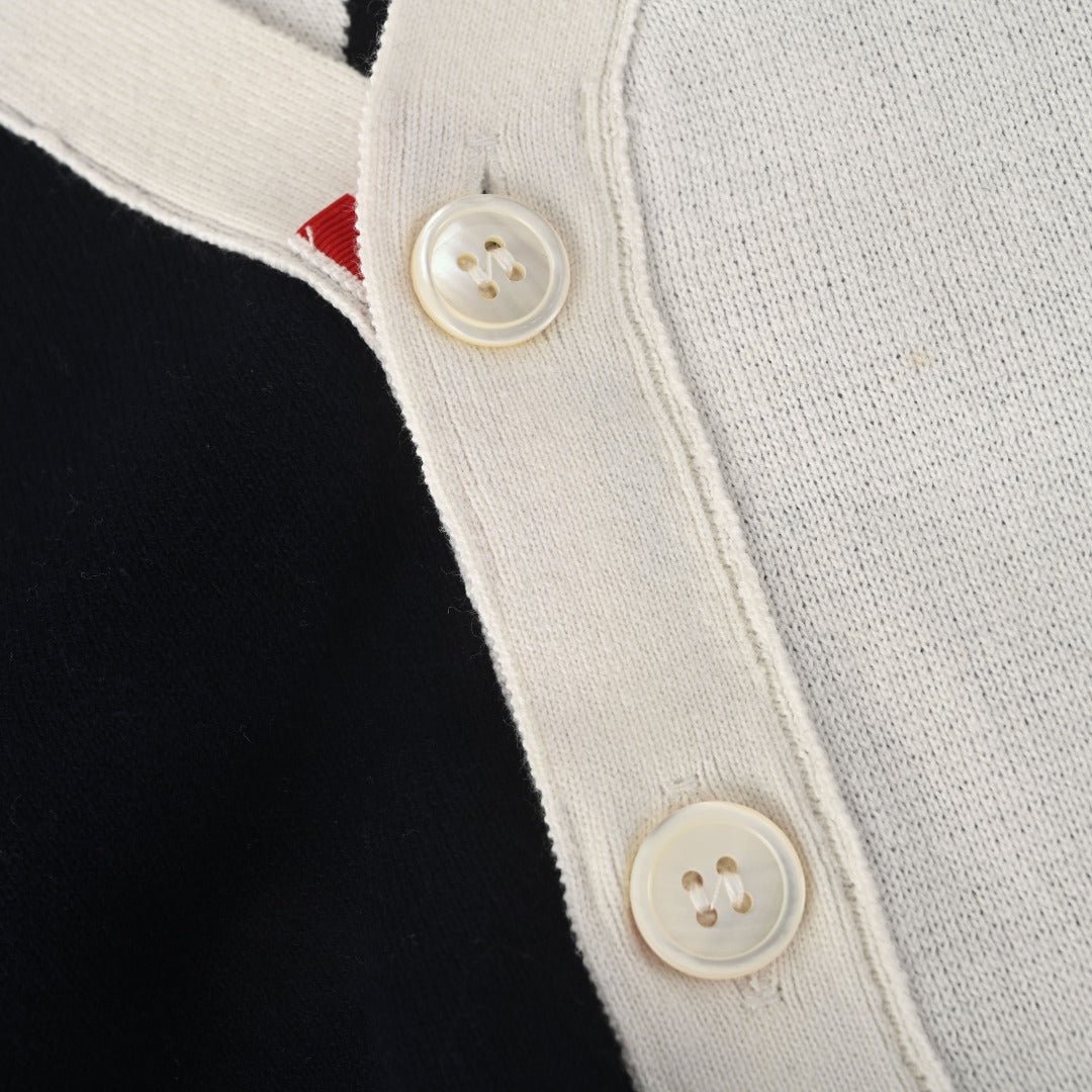 Thom Browne Navy White Patchwork 4-Bar V-Neck Cardigan