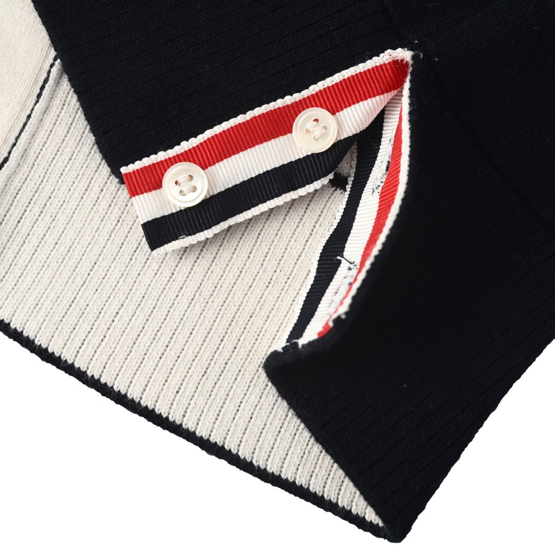 Thom Browne Navy White Patchwork 4-Bar V-Neck Cardigan